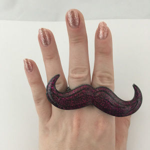Mustache Pink Glitter Double Ring